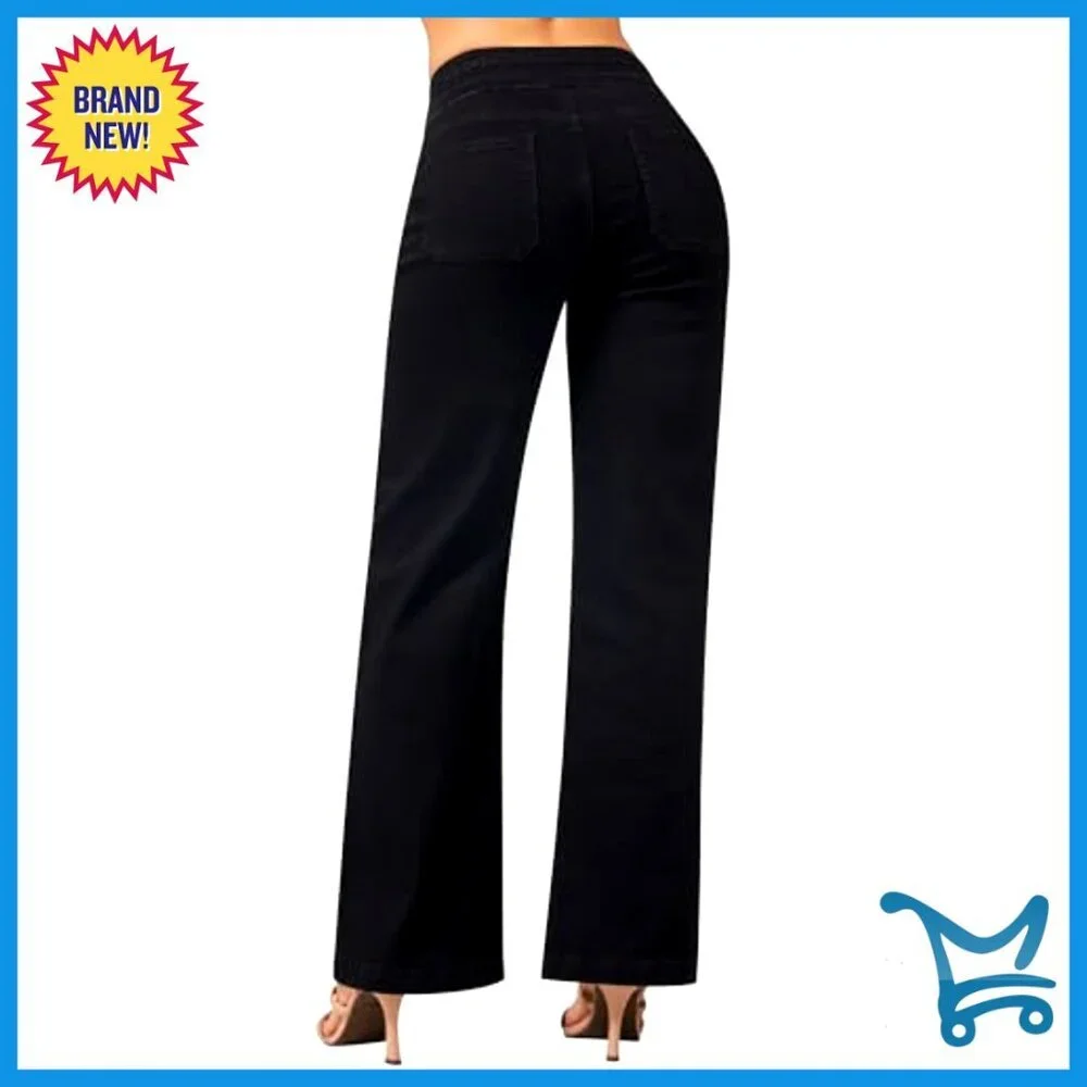 Wide Leg Jeans High Waist Stretchy Loose Denim Pants Y2K Retro Chic - Picture 2 of 7